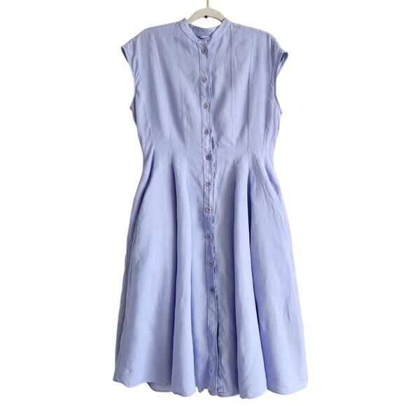 Aspesi Women Lilac Linen Cap Sleeve Front Button Flare Midi Dress Size EU 44 / L - Picture 1 of 7
